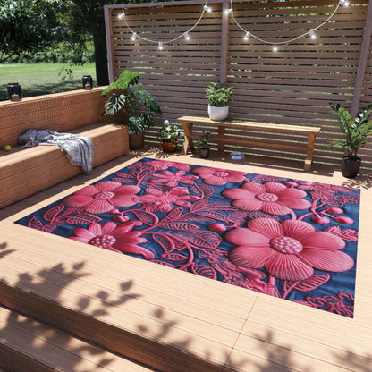 Denim Blue Doll Pink Floral Embroidery Style Fabric Flowers - Outdoor Rug