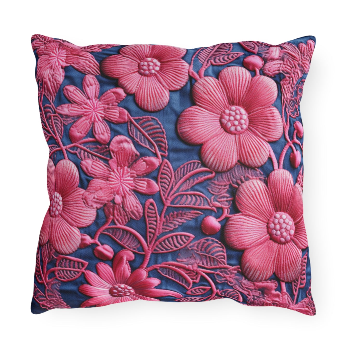 Denim Blue Doll Pink Floral Embroidery Style Fabric Flowers - Outdoor Pillows