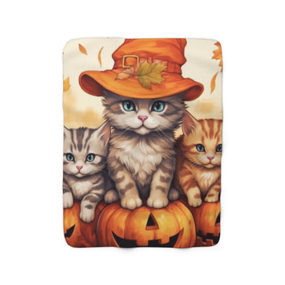 Kitty Cat Kittens Halloween - Cute Furries on Pumpkin - Festive Feline Decor - Sherpa Fleece Blanket