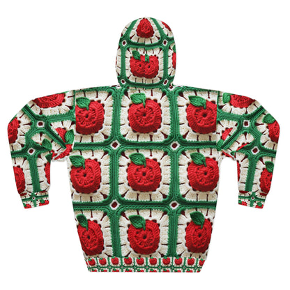 Apple Granny Square Crochet Pattern: Wild Fruit Tree, Delicious Red Design - Unisex Pullover Hoodie (AOP)