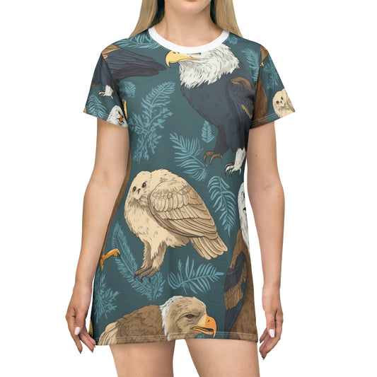 American Wildlife Symbols: Bald Eagles, Hawks, Birds Design T-Shirt Dress (AOP)