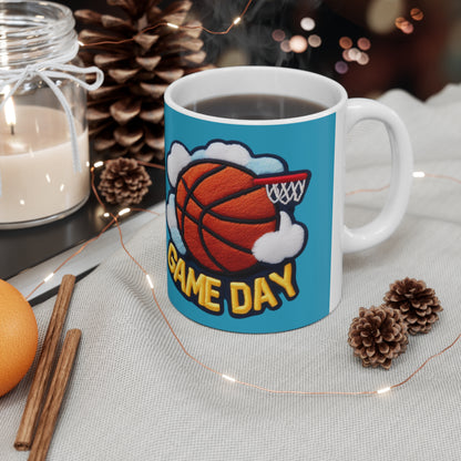 Diseño bordado con parche de chenilla de baloncesto del día del juego - Taza de cerámica de 11 oz 