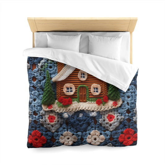 Cottagecore Log Cabin Crochet, Christmas Winter House Design, Rustic Holiday - Microfiber Duvet Cover