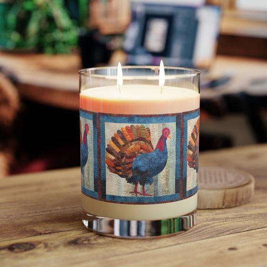 Thanksgiving Harvest Quilt: Festive Turkey Design for Holiday Season - Scented Candle - Full Glass, 11oz