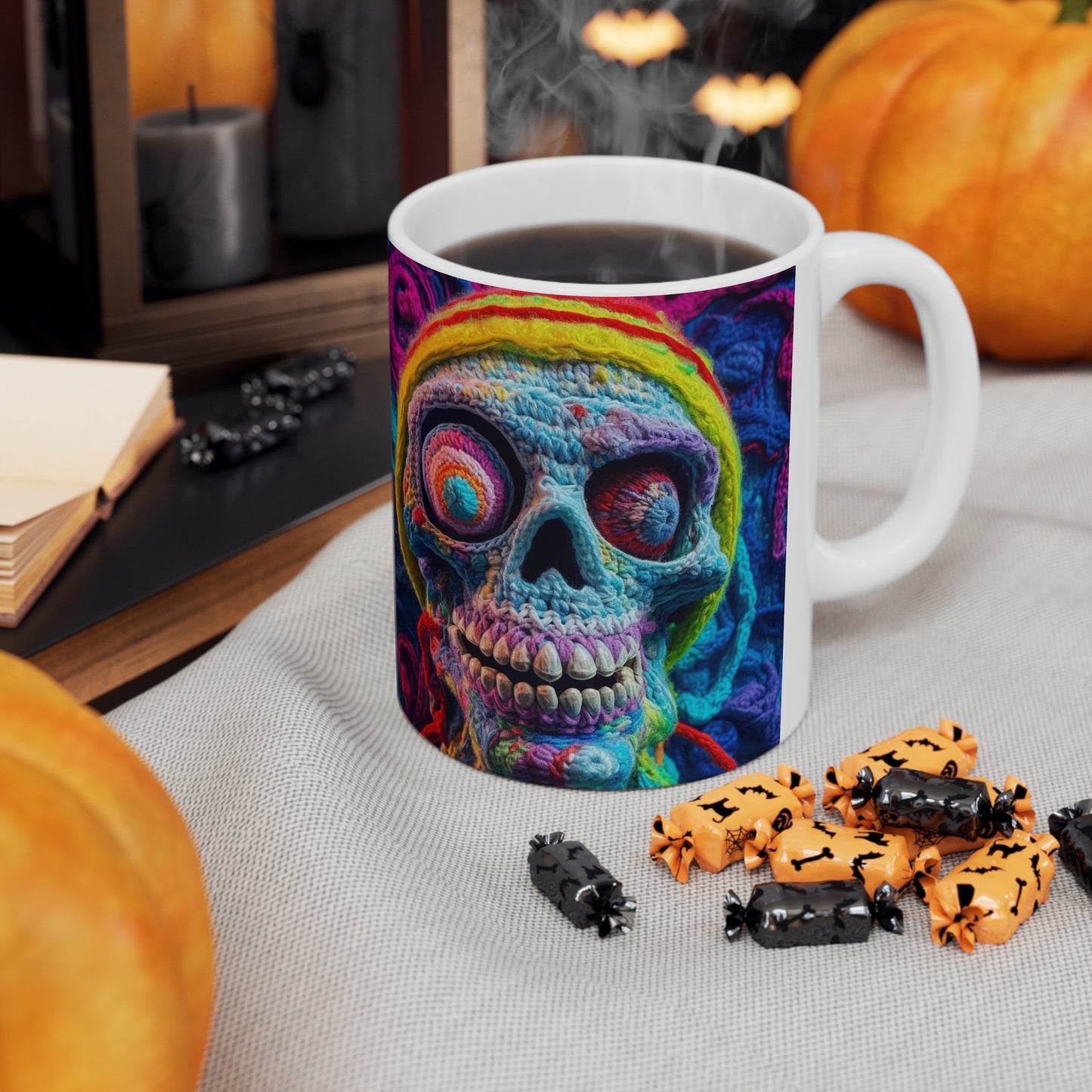 Diseño de terror aterrador de Halloween con calavera de ganchillo - Taza de cerámica 11oz 