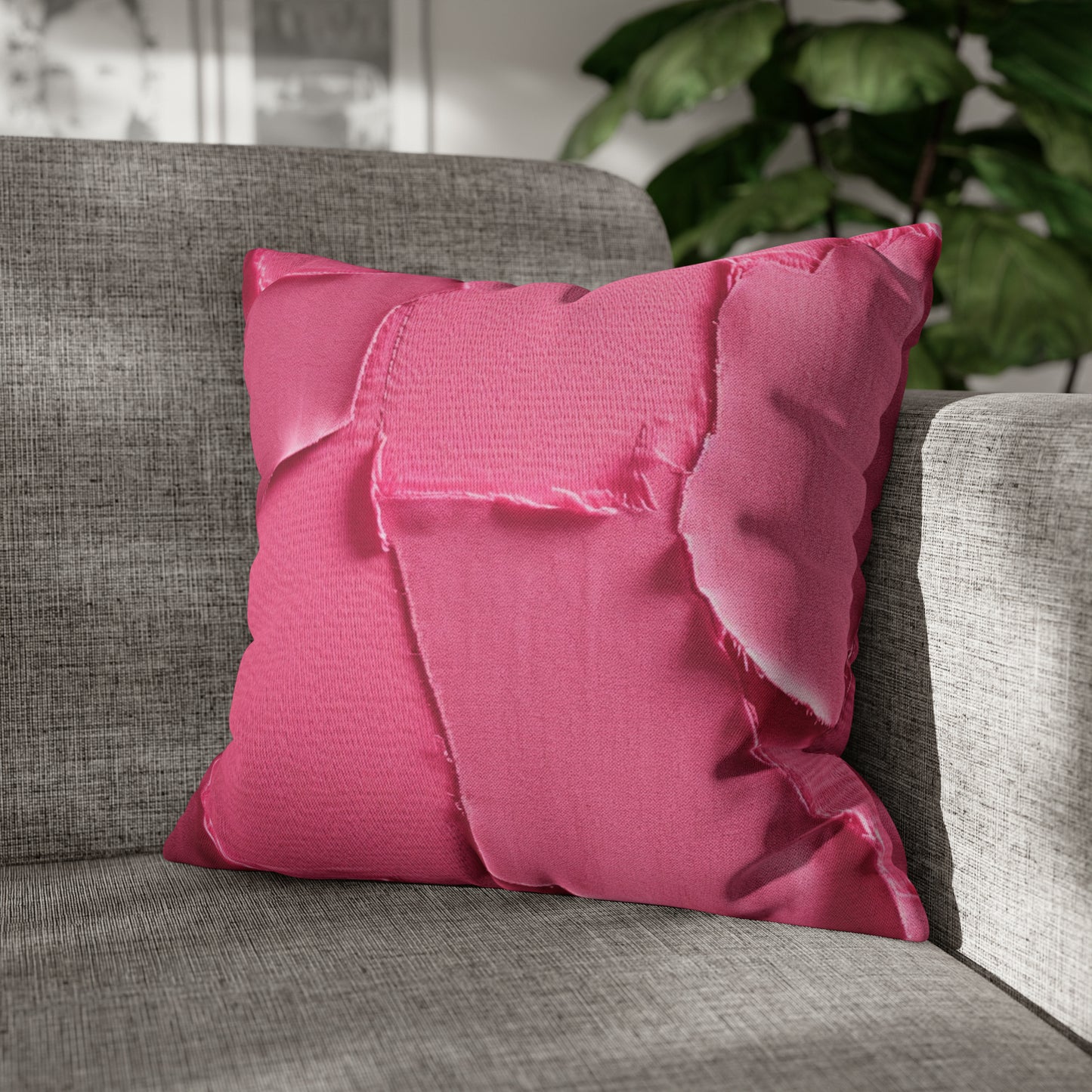 Distressed Neon Pink: Edgy, Ripped Denim-Inspired Doll Fabric - Spun Polyester Square Pillow Case