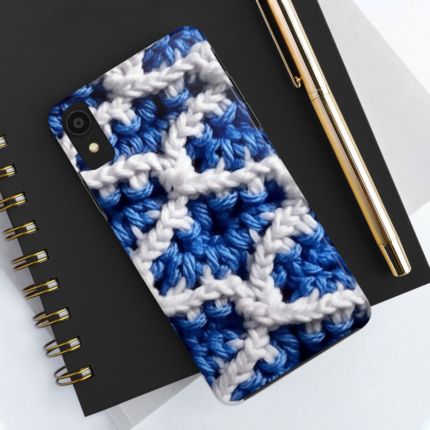 Blueberry Blue Crochet, White Accents, Classic Textured Pattern - Tough Phone Cases