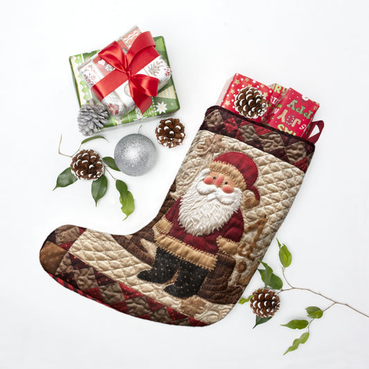 Santa Claus Christmas Farmhouse Quilt: Cozy with Checkered Borders - Christmas Stockings