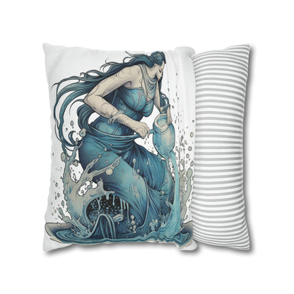 Aquarius Zodiac Symbol - Girl Pouring Water, Hand-Drawn Style - Spun Polyester Square Pillow Case