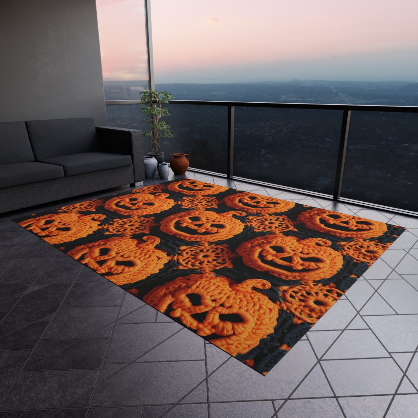 Halloween Crochet Pumpkin Scary Horror Festive Holiday Pattern - Outdoor Rug