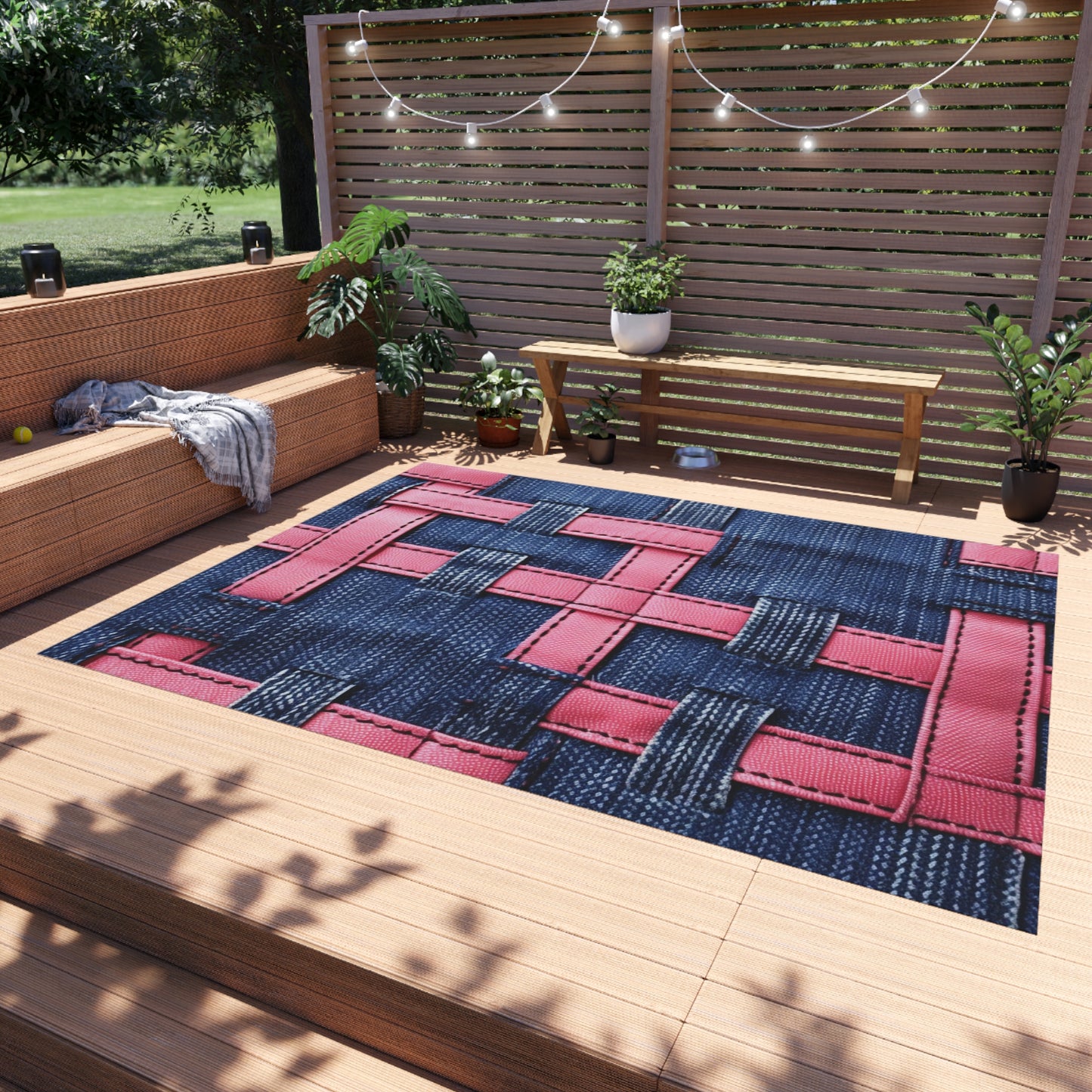 Candy-Striped Crossover: Pink Denim Ribbons Dancing on Blue Stage - Outdoor Rug