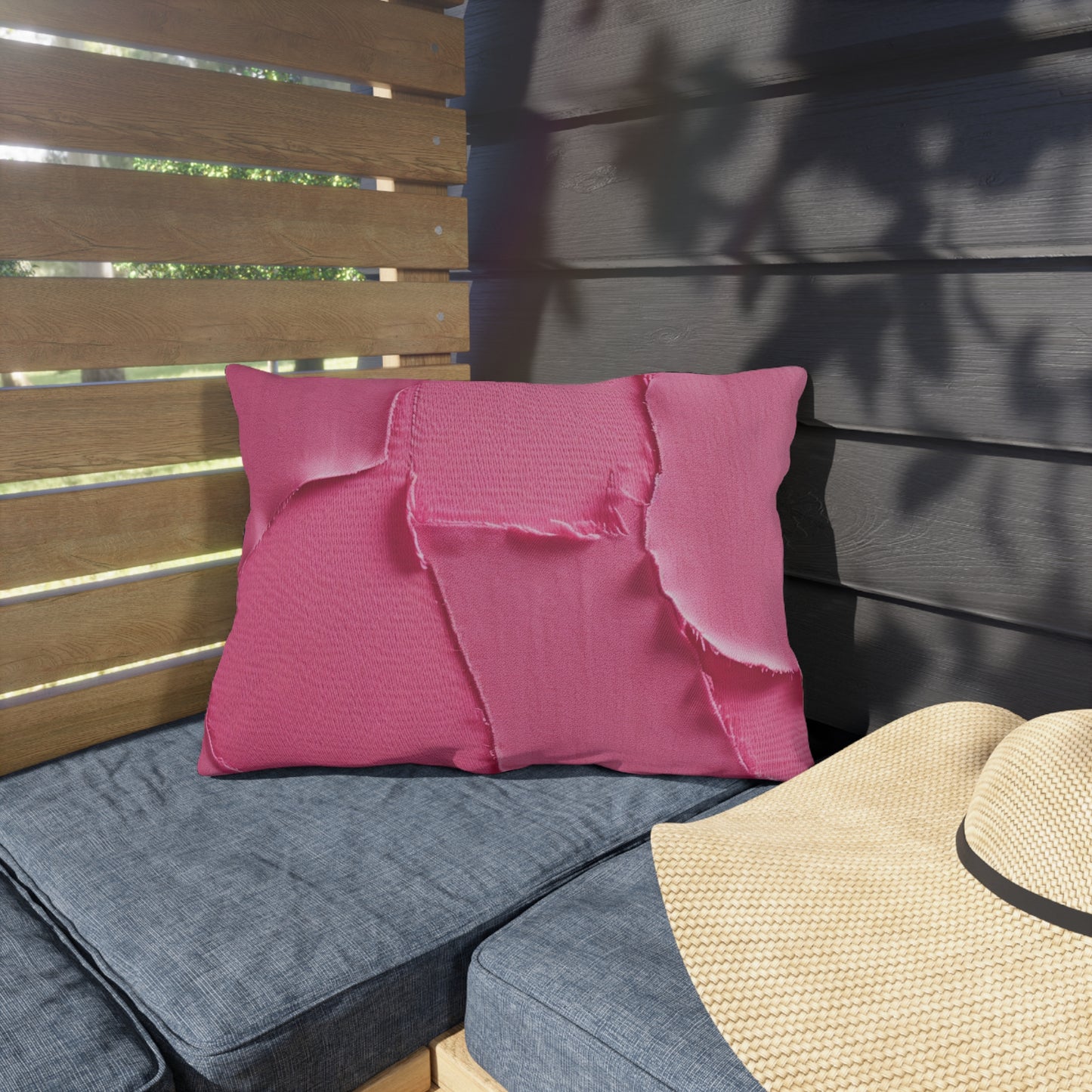 Distressed Neon Pink: Edgy, Ripped Denim-Inspired Doll Fabric - Outdoor Pillows