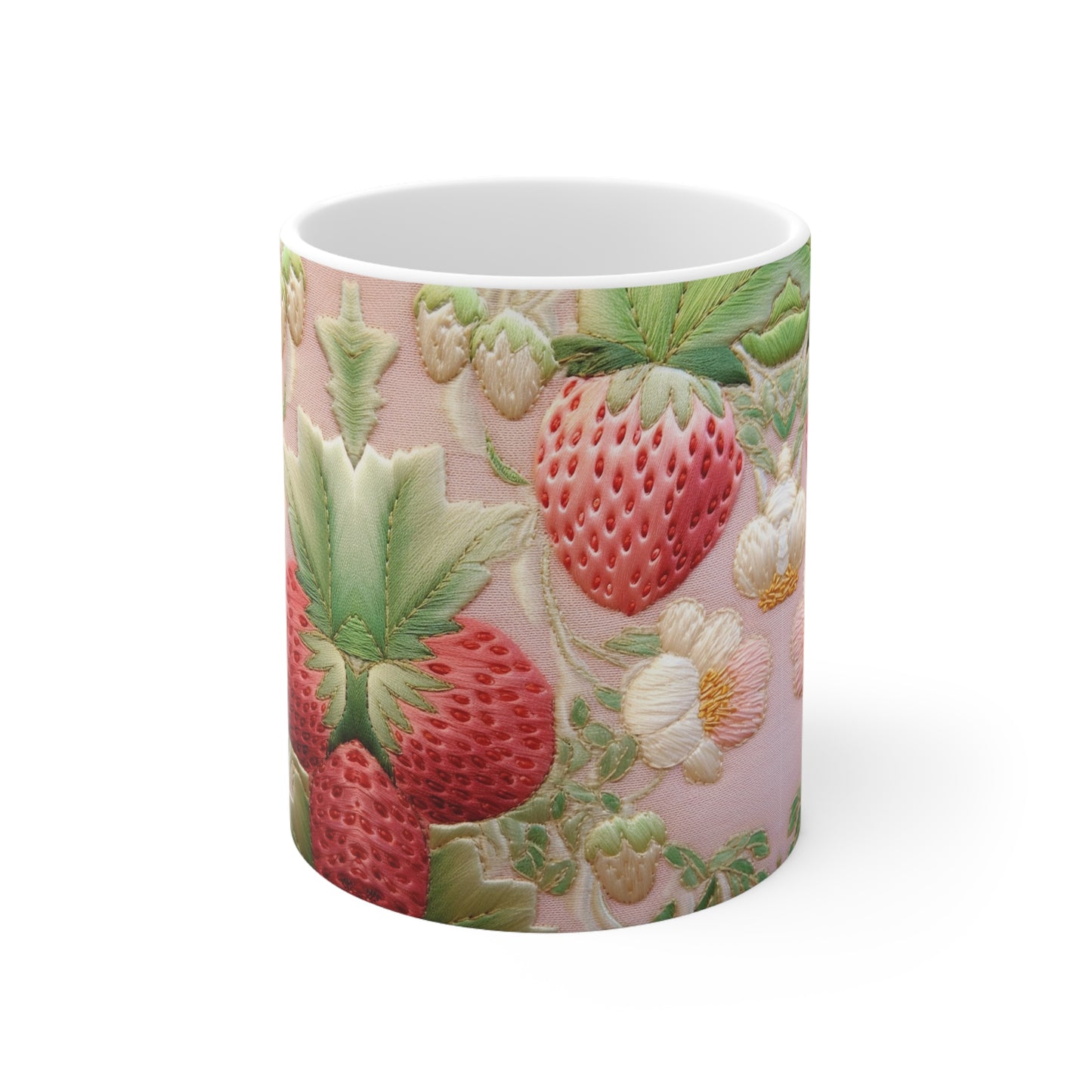 Red Berry Strawberries - Embroid Fruit - Healthy Crop Feast Food Design - Ceramic Mug 11oz