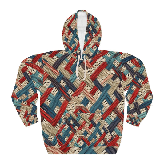 Colorful Yarn Knot: Denim-Inspired Fabric in Red, White, Light Blue - Unisex Pullover Hoodie (AOP)