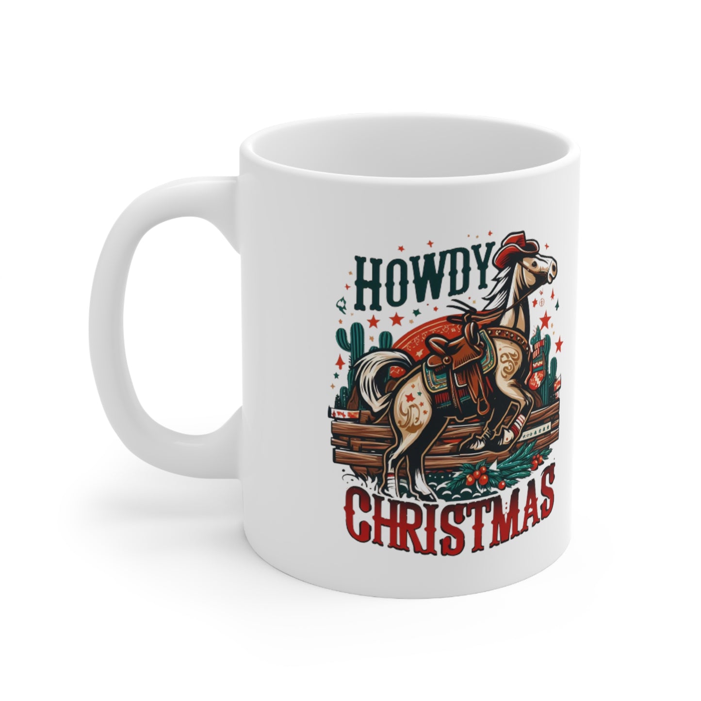 Desert Holiday Charm - Western Howdy Christmas with Festive Cactus and Galloping Horse - Ceramic Mug 11oz