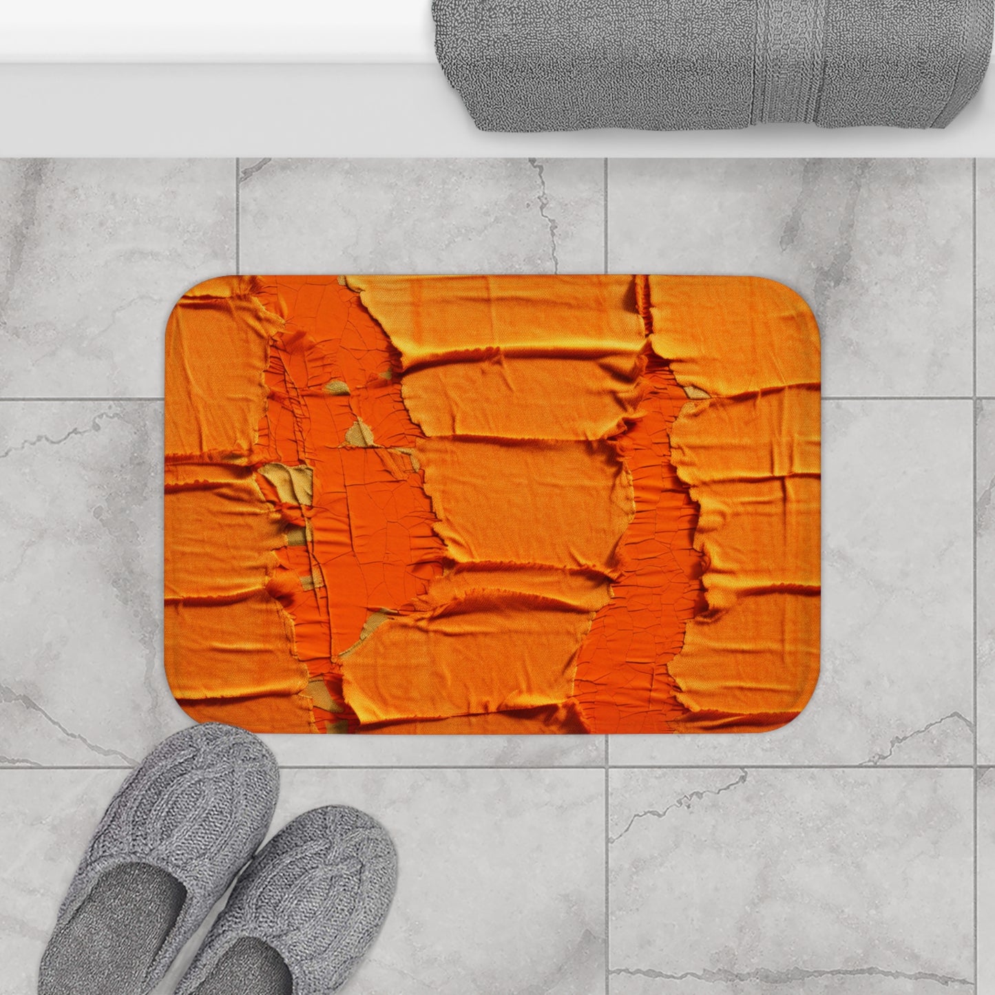 Fiery Citrus Orange: Edgy Distressed, Denim-Inspired Fabric - Bath Mat