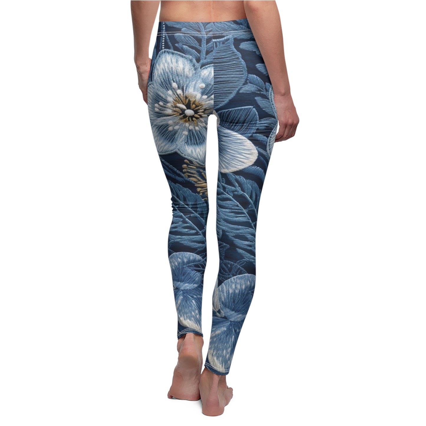 Flower Blossom Embroidery Floral on Denim Style - Women's Cut & Sew Casual Leggings (AOP)