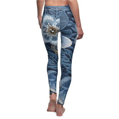 Flower Blossom Embroidery Floral on Denim Style - Women's Cut & Sew Casual Leggings (AOP)