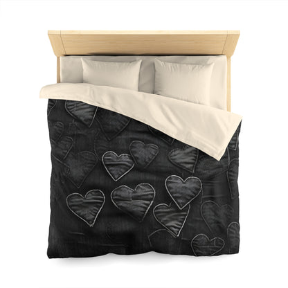 Black: Distressed Denim-Inspired Fabric Heart Embroidery Design - Microfiber Duvet Cover