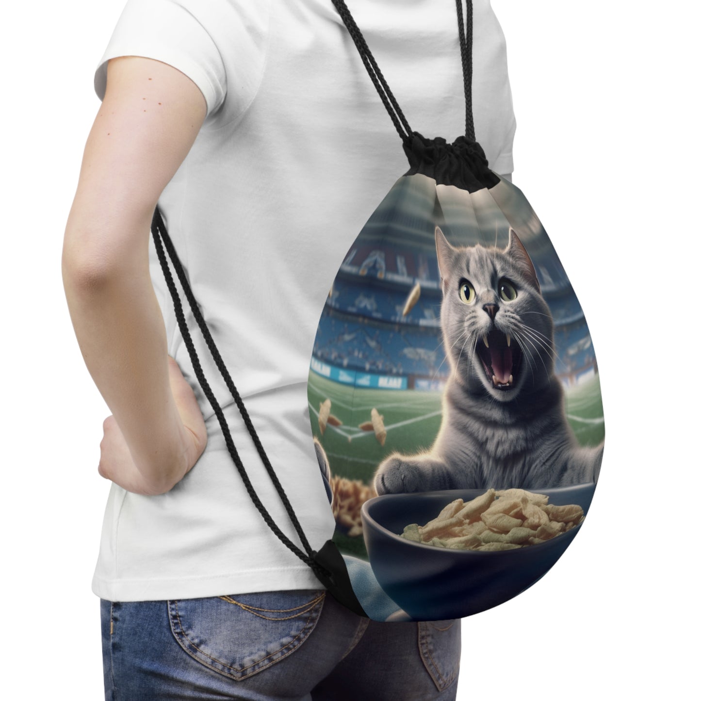 Halftime Football Feline: Screaming Sports Fan Cat Stadium Food Kitten - Drawstring Bag