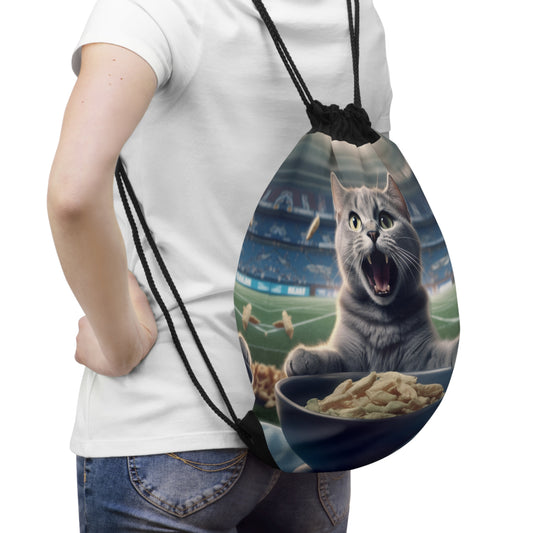 Halftime Football Feline: Screaming Sports Fan Cat Stadium Food Kitten - Drawstring Bag