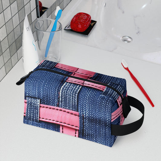 Candy-Striped Crossover: Pink Denim Ribbons Dancing on Blue Stage - Toiletry Bag