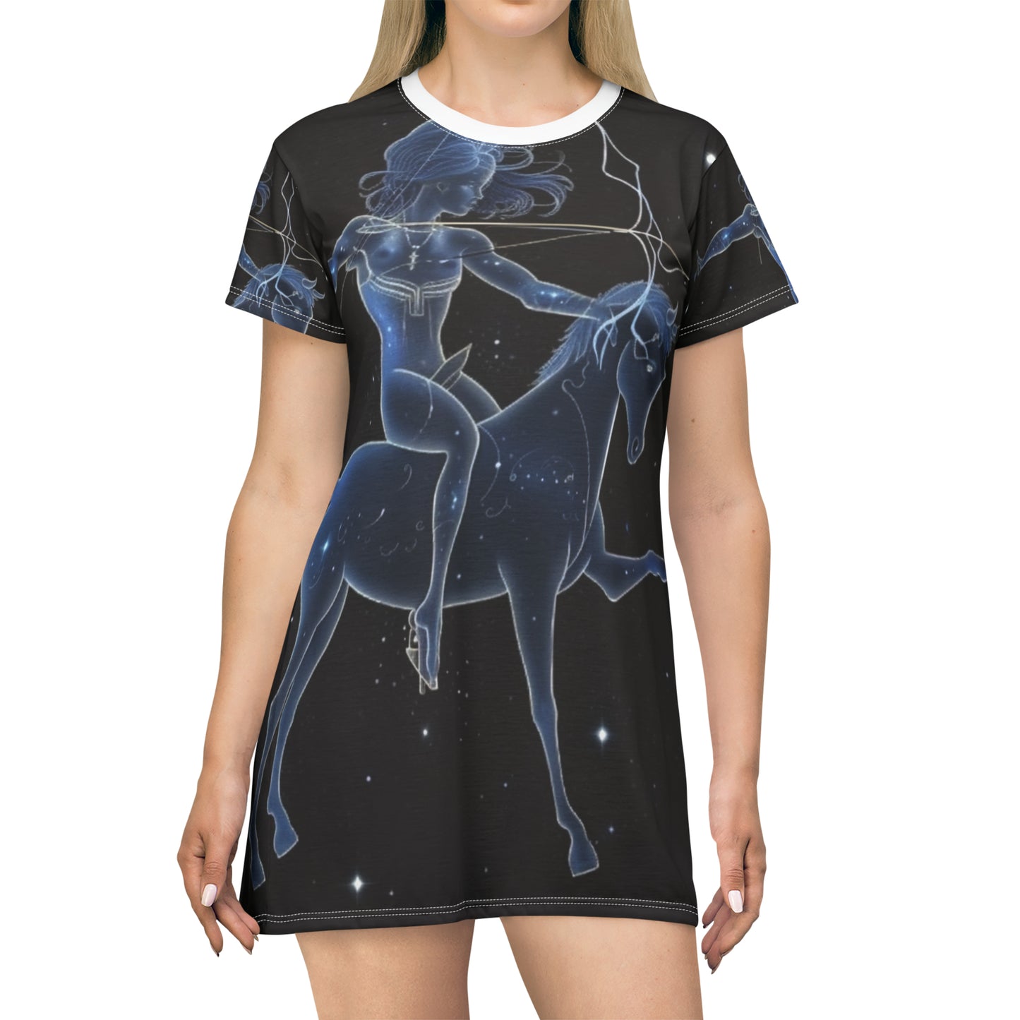 Sagittarius Zodiac in Starlit Universe - Fluorescent Colors - T-Shirt Dress (AOP)