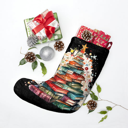 Book Stack Christmas Tree, Festive Holiday Illustration, Cozy Winter Reading Theme, Seasonal Book Lover Artwork - Christmas Stockings