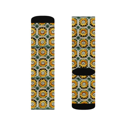 Sunflower Crochet Elegance, Granny Square Design, Radiant Floral Motif. Bring the Warmth of Sunflowers to Your Space - Sublimation Socks