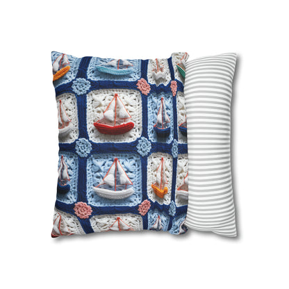 Crochet Boat Ship Sea Vessel Ocean Beach Travel Yacht Design - Spun Polyester Square Pillow Case