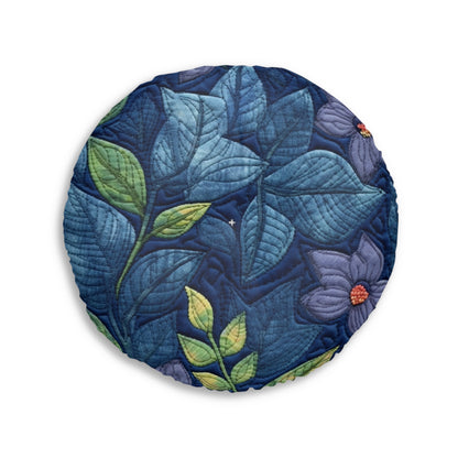 Floral Embroidery Blue: Denim-Inspired, Artisan-Crafted Flower Design - Tufted Floor Pillow, Round