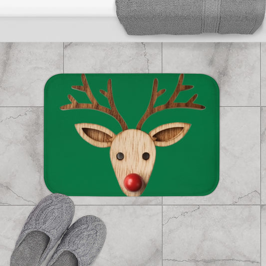 Red Reindeer Nose Christmas Classic Winter Season - Green - Bath Mat