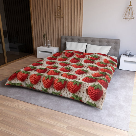 Strawberry Traditional Japanese, Crochet Craft, Fruit Design, Red Berry Pattern - Microfiber Duvet Cover