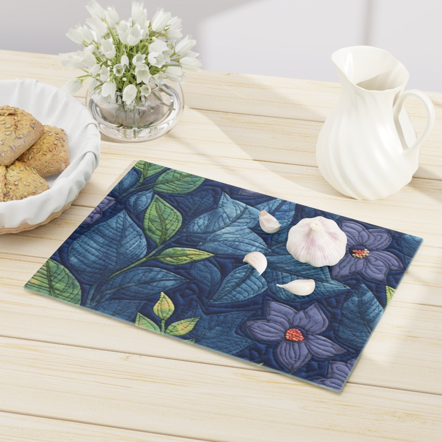 Floral Embroidery Blue: Denim-Inspired, Artisan-Crafted Flower Design - Cutting Board