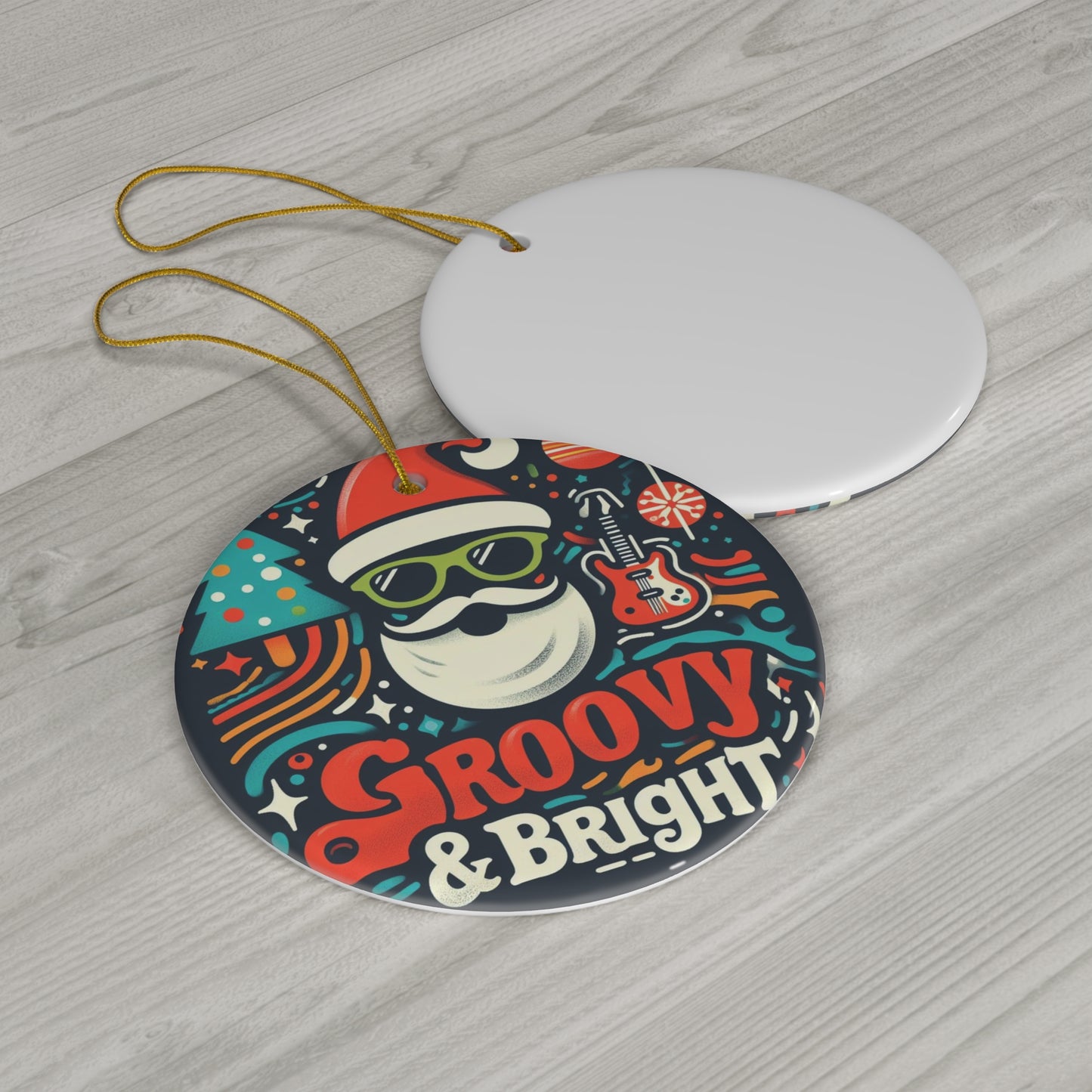 Groovy & Bright Santa Vibes - Retro Christmas Charm with Funky Guitar and Festive Trees - Ceramic Ornament, 4 Shapes