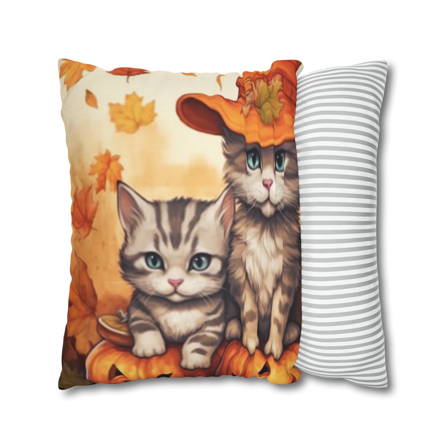 Kitty Cat Kittens Halloween - Cute Furries on Pumpkin - Festive Feline Decor - Spun Polyester Square Pillow Case