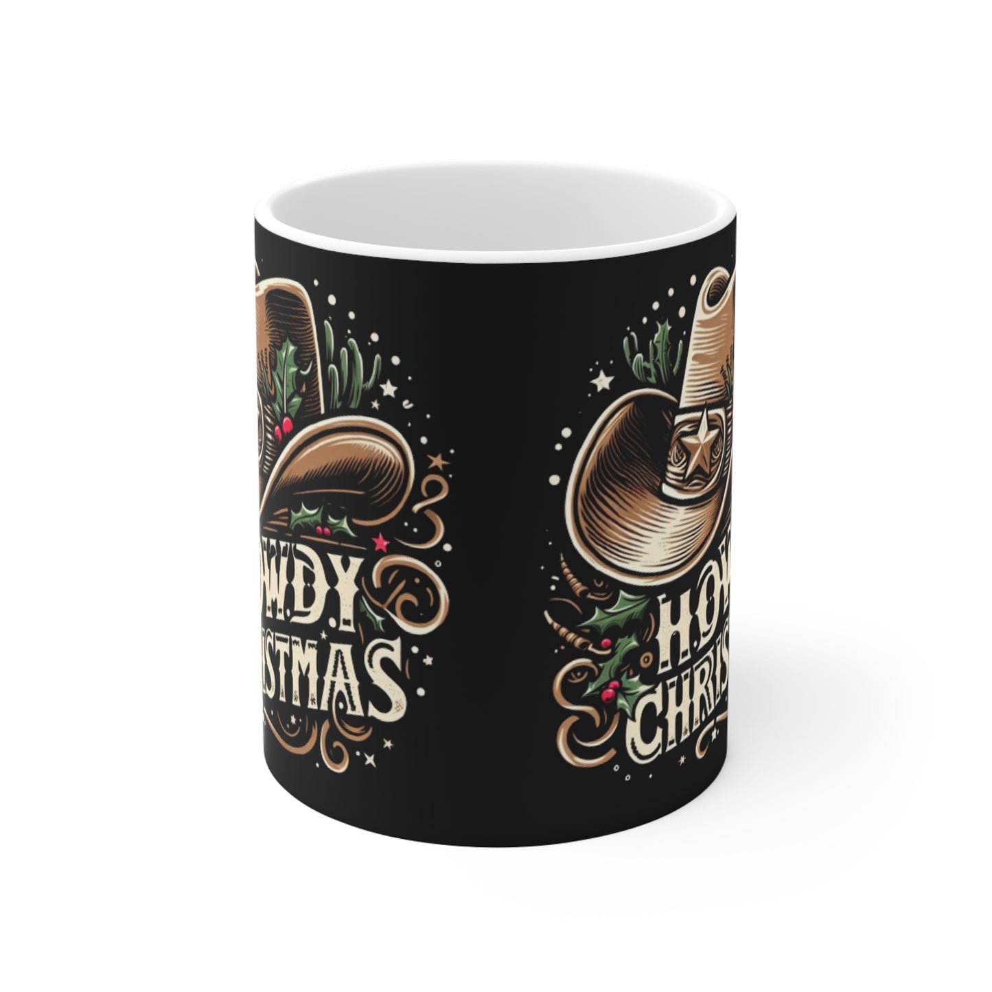 Espíritu navideño vaquero - Saludos navideños occidentales con acebo y estrellas - Taza de cerámica de 11 oz