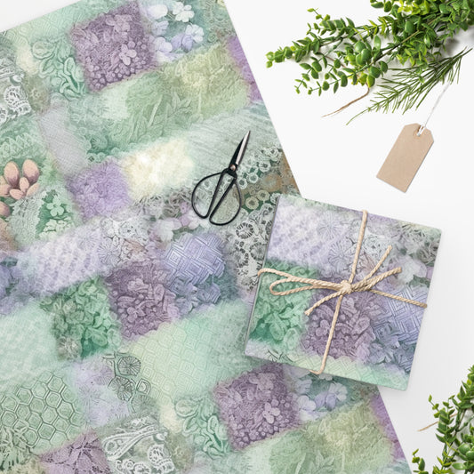 Medley Patchwork - Muted Pastels, Gingham & Lace, Boho Paisley Mix, Quilted Aesthetic Design - Wrapping Paper