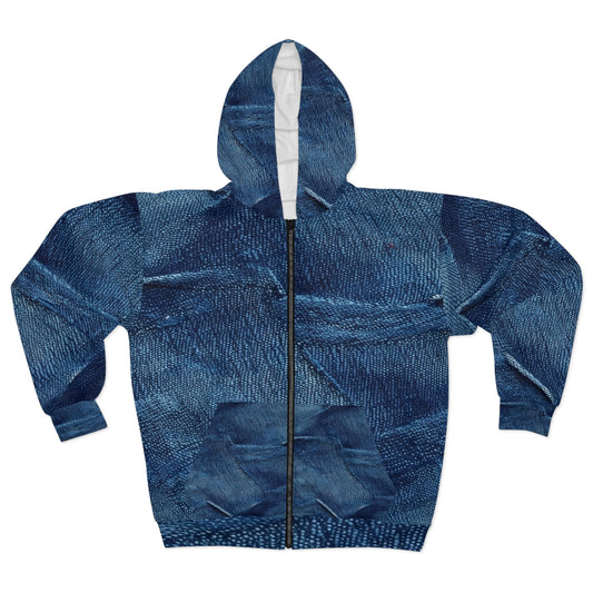 Dark Blue: Distressed Denim-Inspired Fabric Design - Unisex Zip Hoodie (AOP)