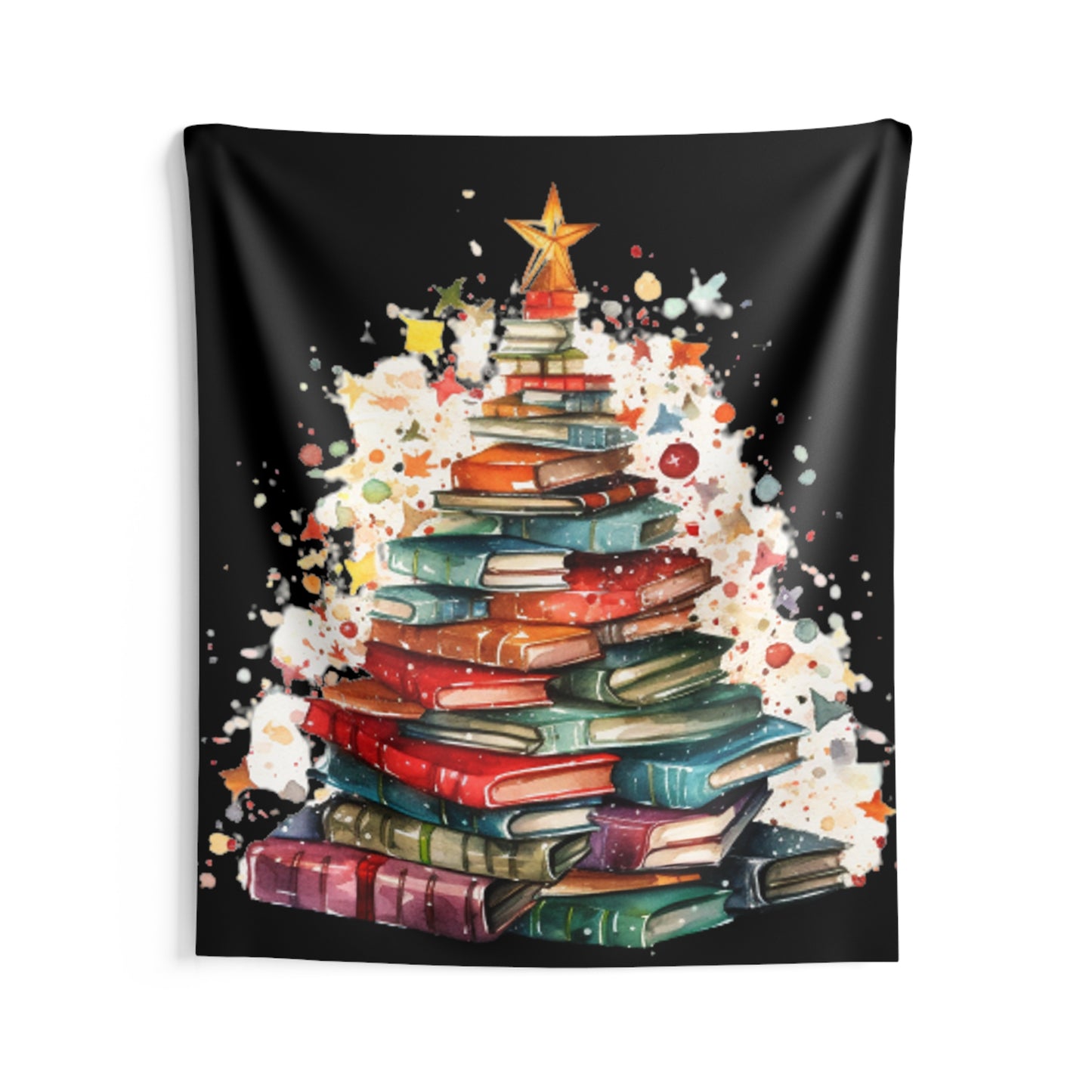 Book Stack Christmas Tree, Festive Holiday Illustration, Cozy Winter Reading Theme, Seasonal Book Lover Artwork - Indoor Wall Tapestries