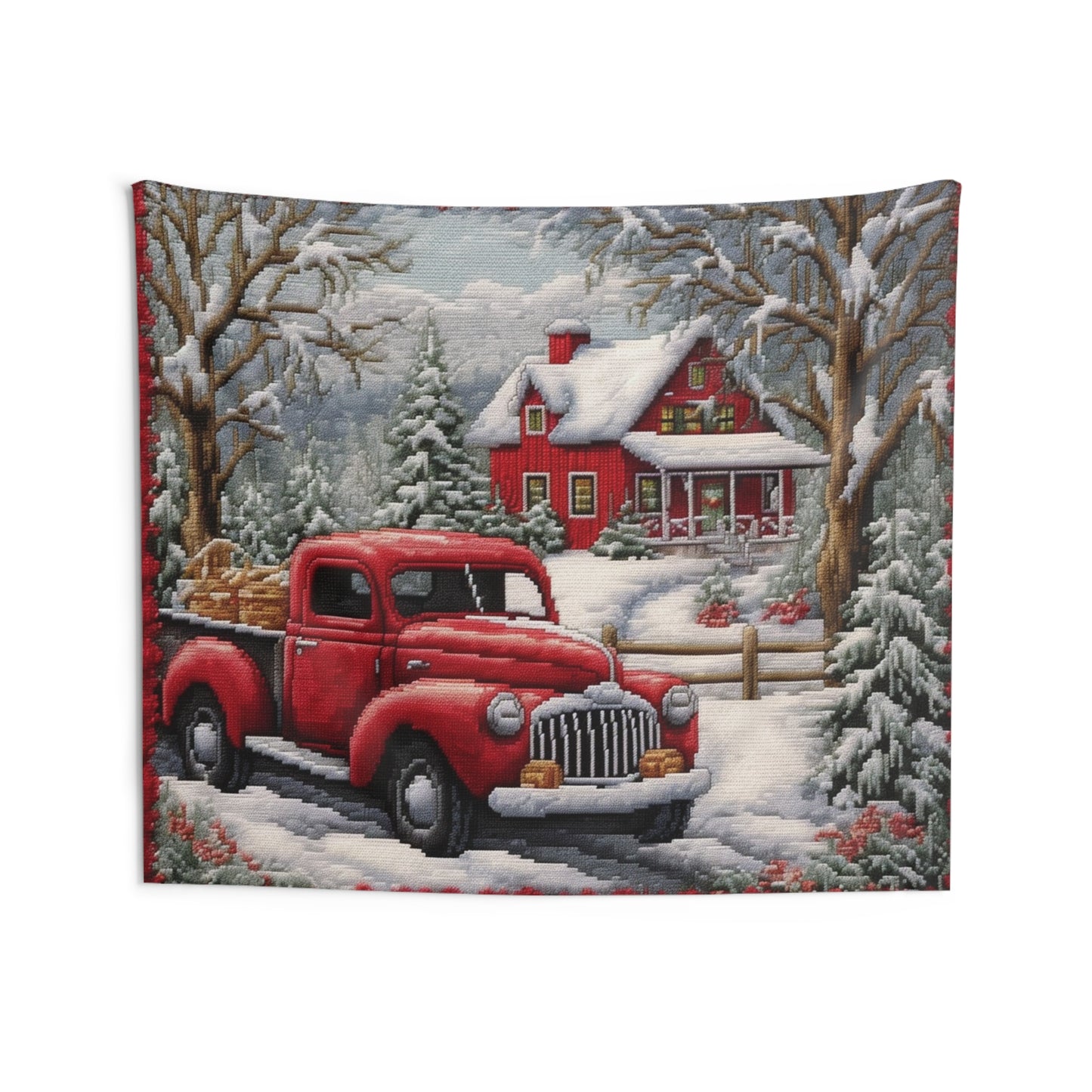 Red Truck Christmas Embroidery: Needlepoint Festive Winter Scene Threadwork - Indoor Wall Tapestries