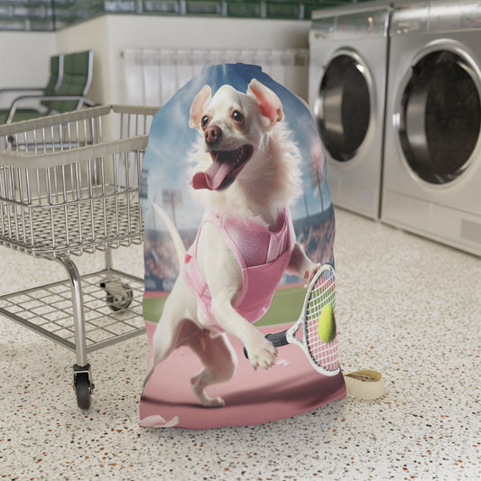 Chihuahua Tennis Ace: Dog Pink Outfit, Court Atheletic Sport Game - Laundry Bag