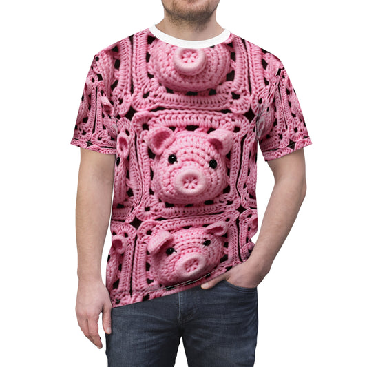 Crochet Pig Farm Animal Pink Snout Piggy Pattern - Unisex Cut & Sew Tee (AOP)