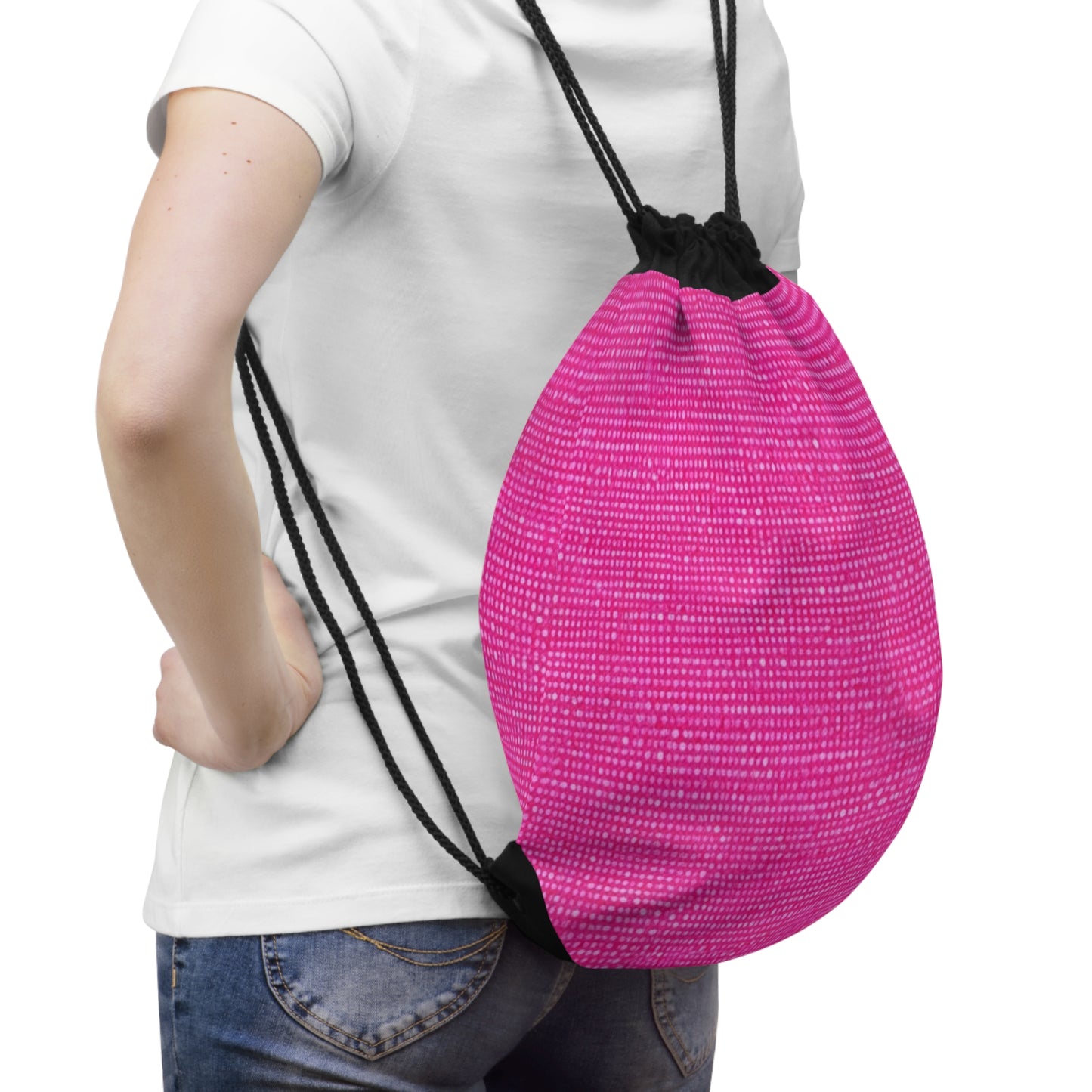 Hot Neon Pink Doll Like: Denim-Inspired, Bold & Bright Fabric - Drawstring Bag