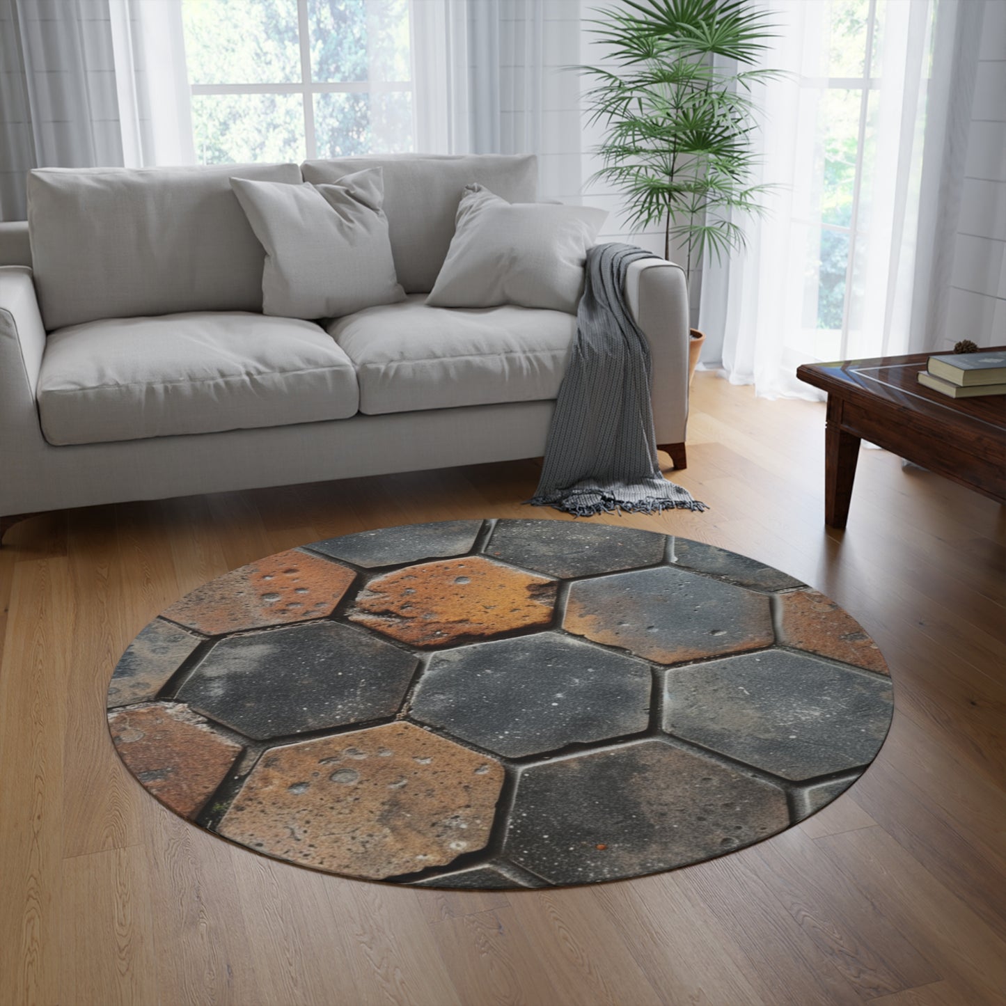 Hexagonal Floor Tiles, Faux Graphic Gift, Round Rug