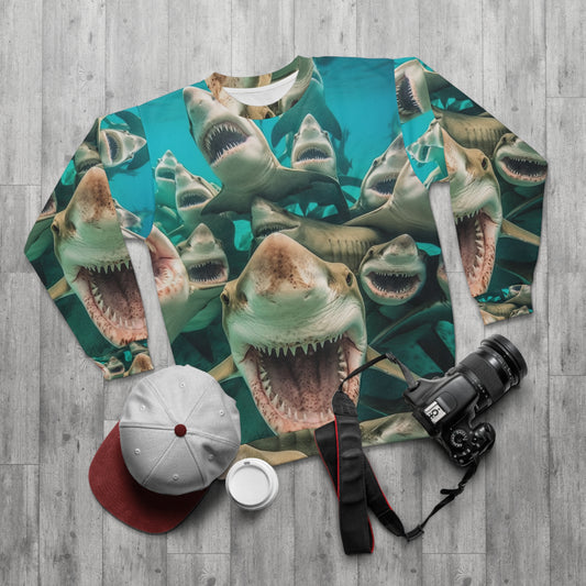 Laughing Lemon Sharks: Joyful Sea Jaws Ocean Deep - Unisex Sweatshirt (AOP)