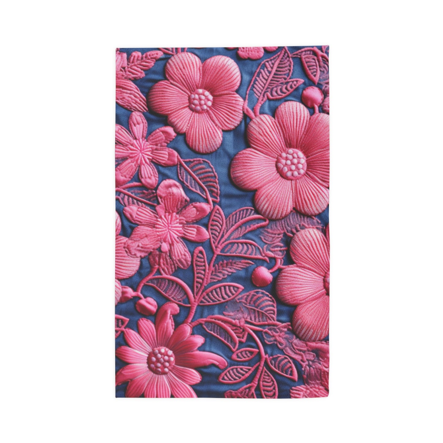 Denim Blue Doll Pink Floral Embroidery Style Fabric Flowers - Dobby Rug