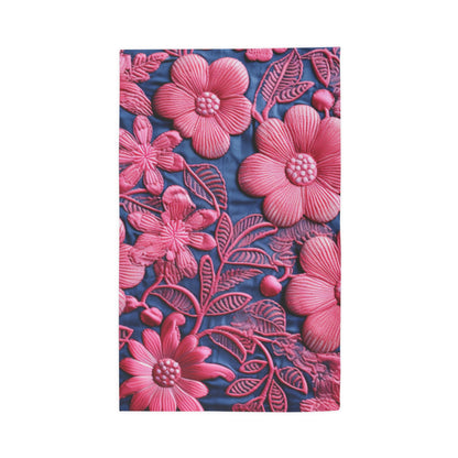 Denim Blue Doll Pink Floral Embroidery Style Fabric Flowers - Dobby Rug