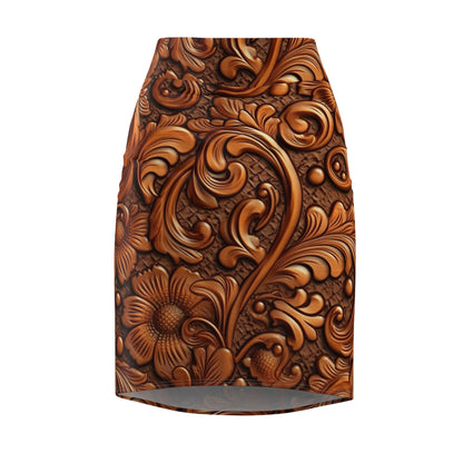 Leather Flower Cognac Classic Brown Timeless American Cowboy Design - Women's Pencil Skirt (AOP)