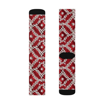 Warm Winter Red & White Crochet Knit: Cinematic Chic Texture Design - Sublimation Socks